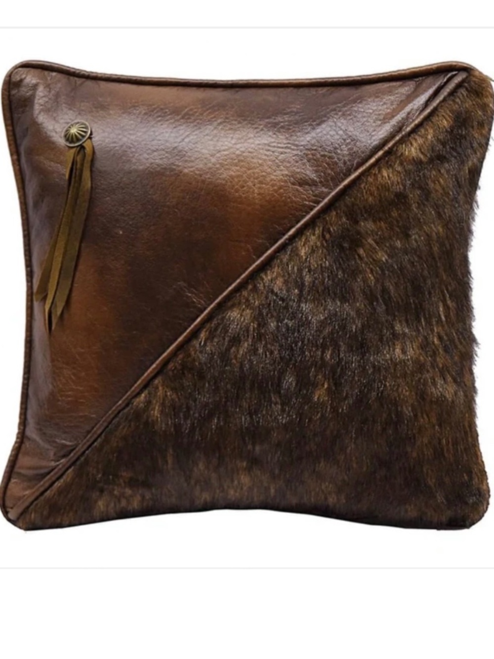 Rustic Lodge Throw Pillow Brown Faux Fur & Leather Western 18”X18” Concho Tassel